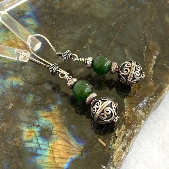 Sterling Silver 925 Round Beaded Nephrite Oxidized Scrollwork Dangle Earrings - Picture 9 of 16